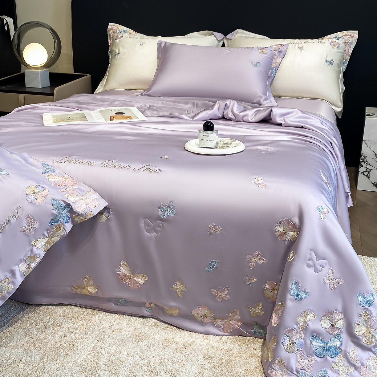 91家纺网 家纺一手货源 找家纺 置顶家纺 2026新款水洗天丝夏被四件套-花不尽 花不尽-香芋紫