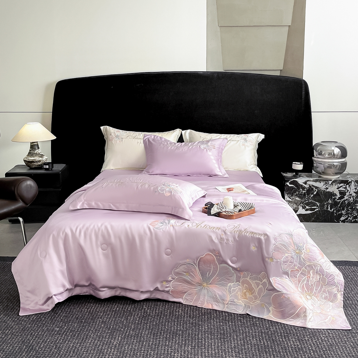 91家纺网 家纺一手货源 找家纺 置顶家纺 2026新款水洗天丝夏被四件套-花汐子 花汐子-香芋紫