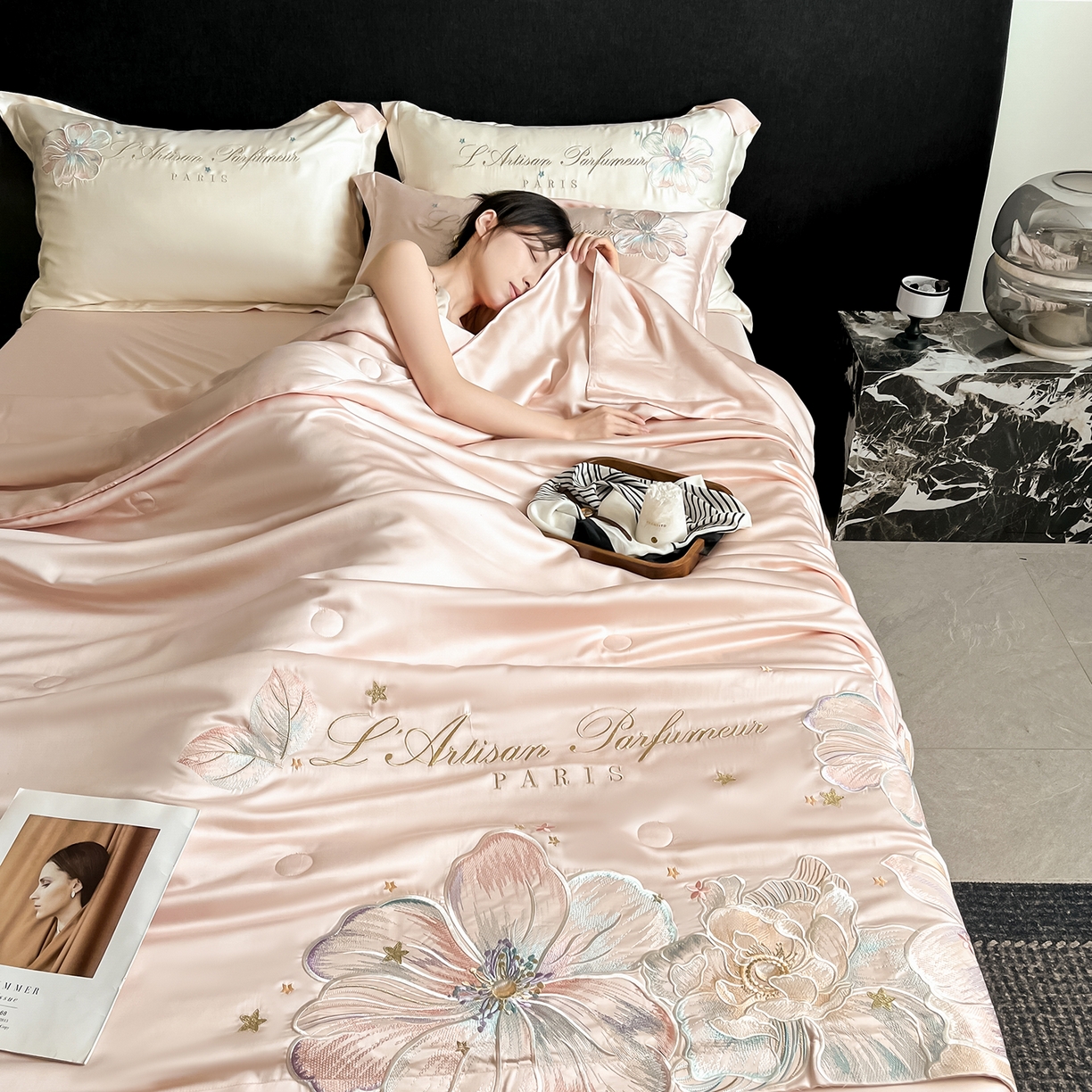 91家纺网 家纺一手货源 找家纺 置顶家纺 2026新款水洗天丝夏被四件套-花汐子 花汐子-粉