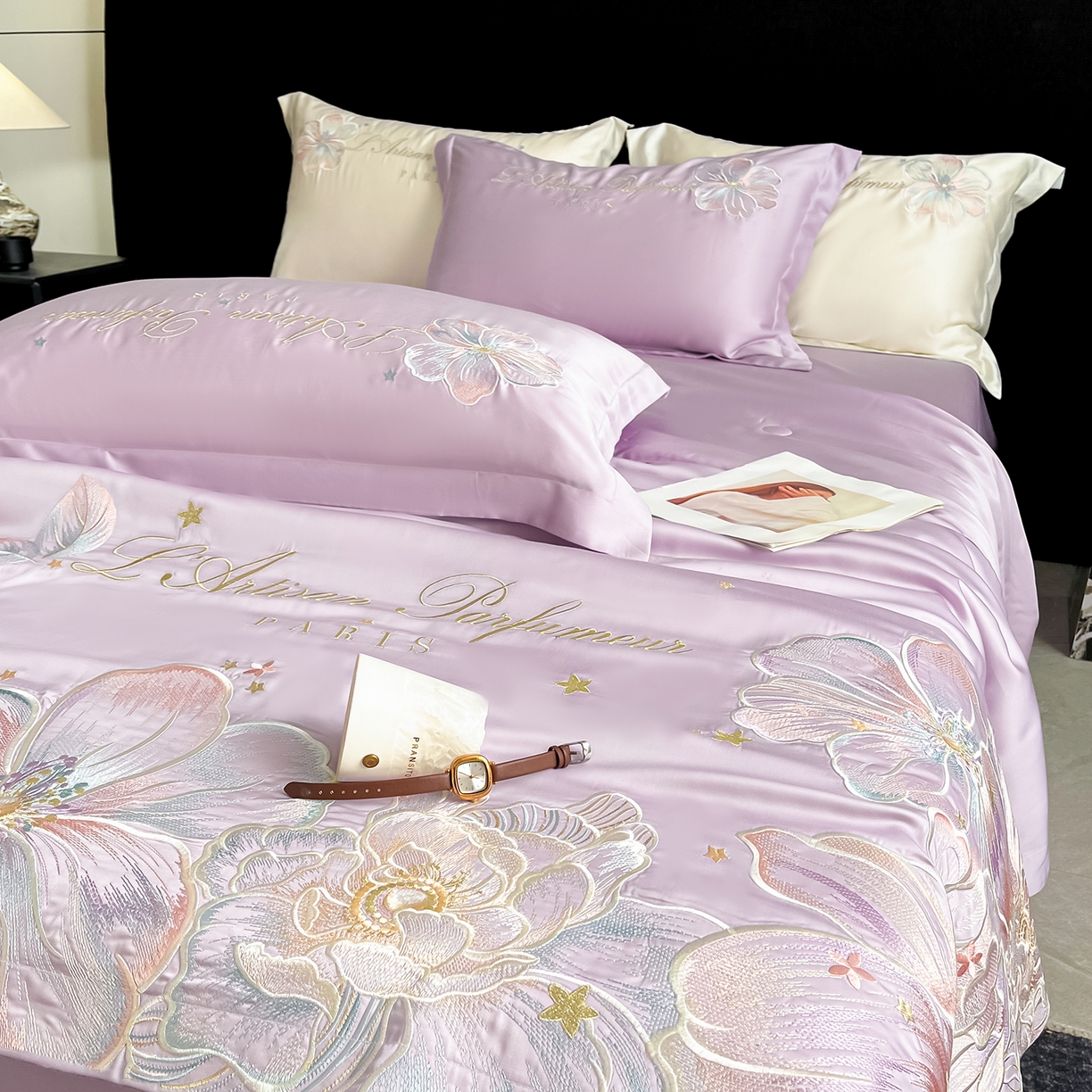 91家纺网 家纺一手货源 找家纺 置顶家纺 2026新款水洗天丝夏被四件套-花汐子 花汐子-香芋紫