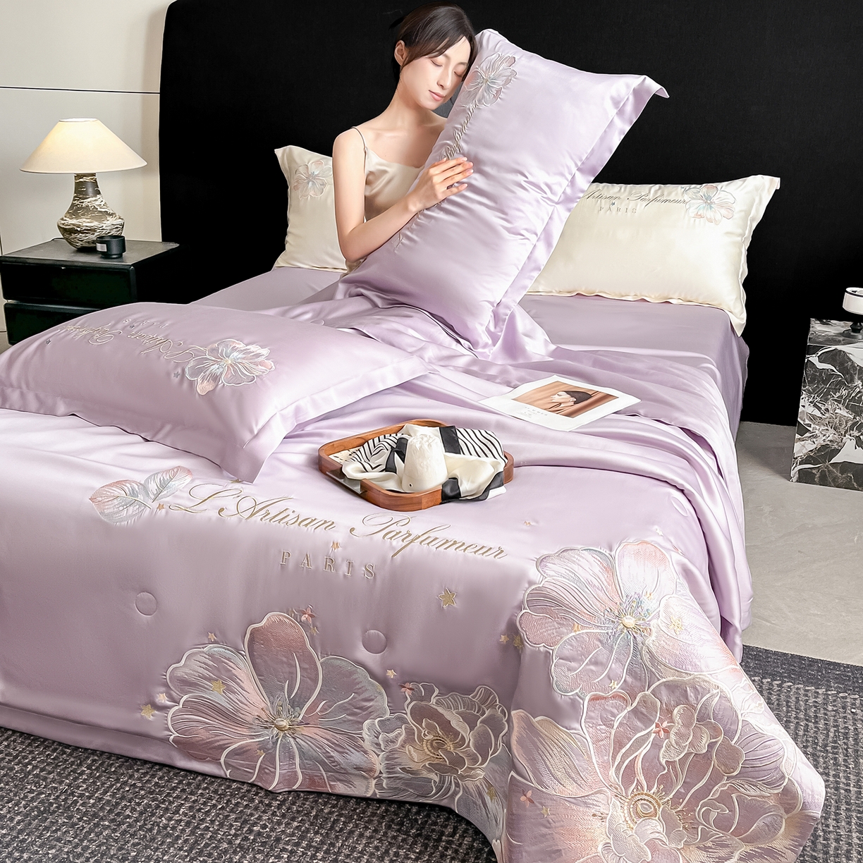 91家纺网 家纺一手货源 找家纺 置顶家纺 2026新款水洗天丝夏被四件套-花汐子 花汐子-香芋紫