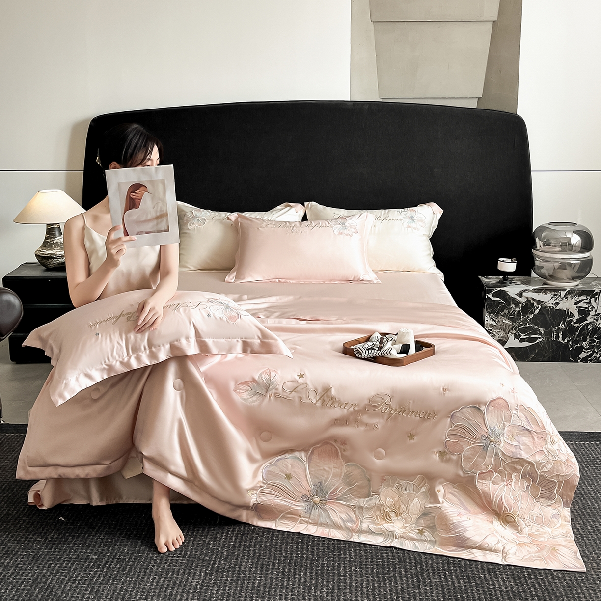 91家纺网 家纺一手货源 找家纺 置顶家纺 2026新款水洗天丝夏被四件套-花汐子 花汐子-粉