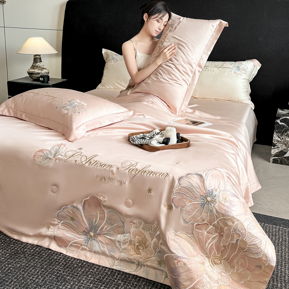 91家纺网 家纺一手货源 找家纺 置顶家纺 2026新款水洗天丝夏被四件套-花汐子 花汐子-粉