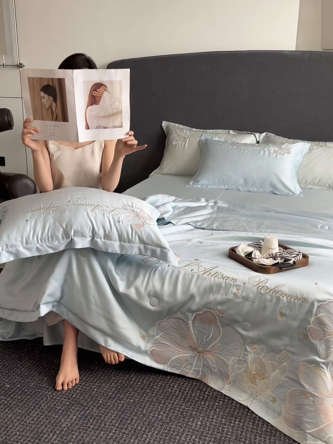 91家纺网 家纺一手货源 找家纺 置顶家纺 2026新款水洗天丝夏被四件套-花汐子 花汐子-繁星蓝