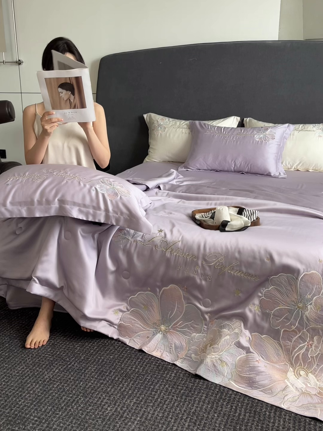 91家纺网 家纺一手货源 找家纺 置顶家纺 2026新款水洗天丝夏被四件套-花汐子 花汐子-香芋紫