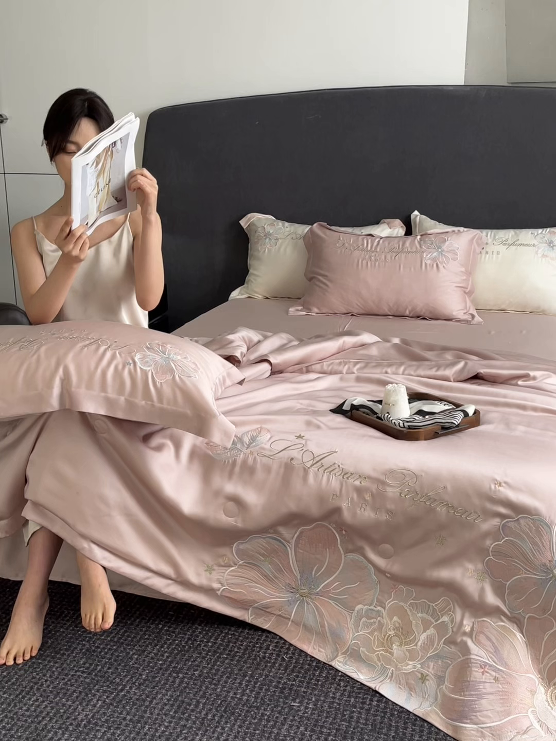 91家纺网 家纺一手货源 找家纺 置顶家纺 2026新款水洗天丝夏被四件套-花汐子 花汐子-粉