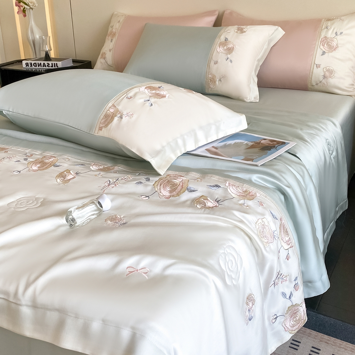 91家纺网 家纺一手货源 找家纺 置顶家纺 2026新款水洗天丝夏被四件套-夏日甜甜 夏日甜甜-浅蓝