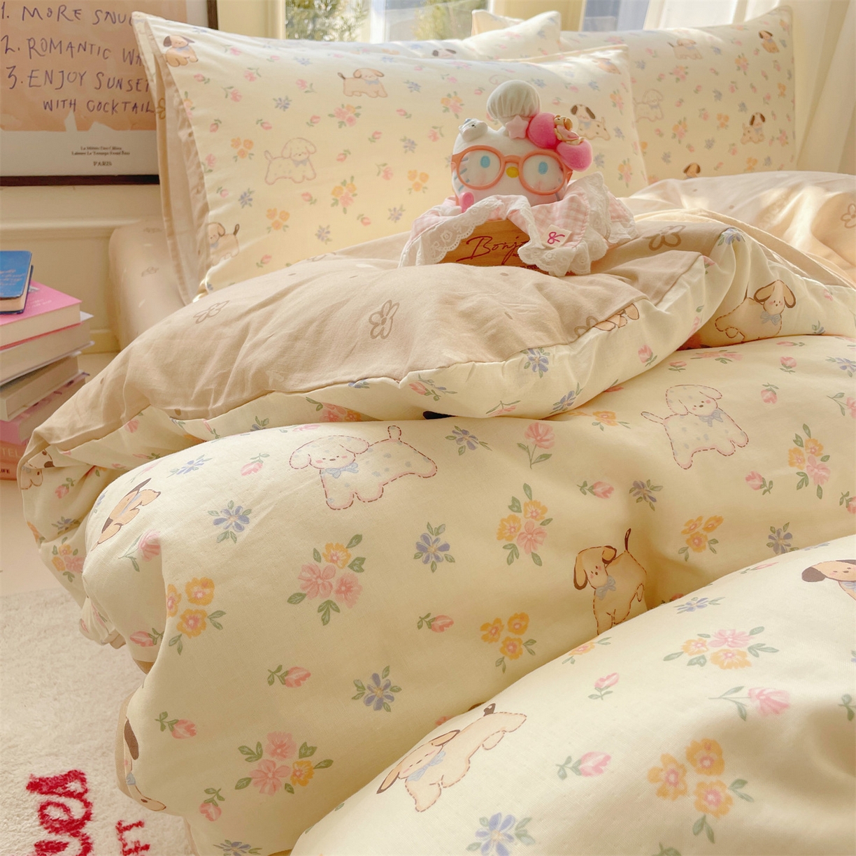 91家纺网 家纺一手货源 找家纺 盛秋家纺 2026新款卡通款A类水洗棉印花四件套 田园萌狗+花朵咖