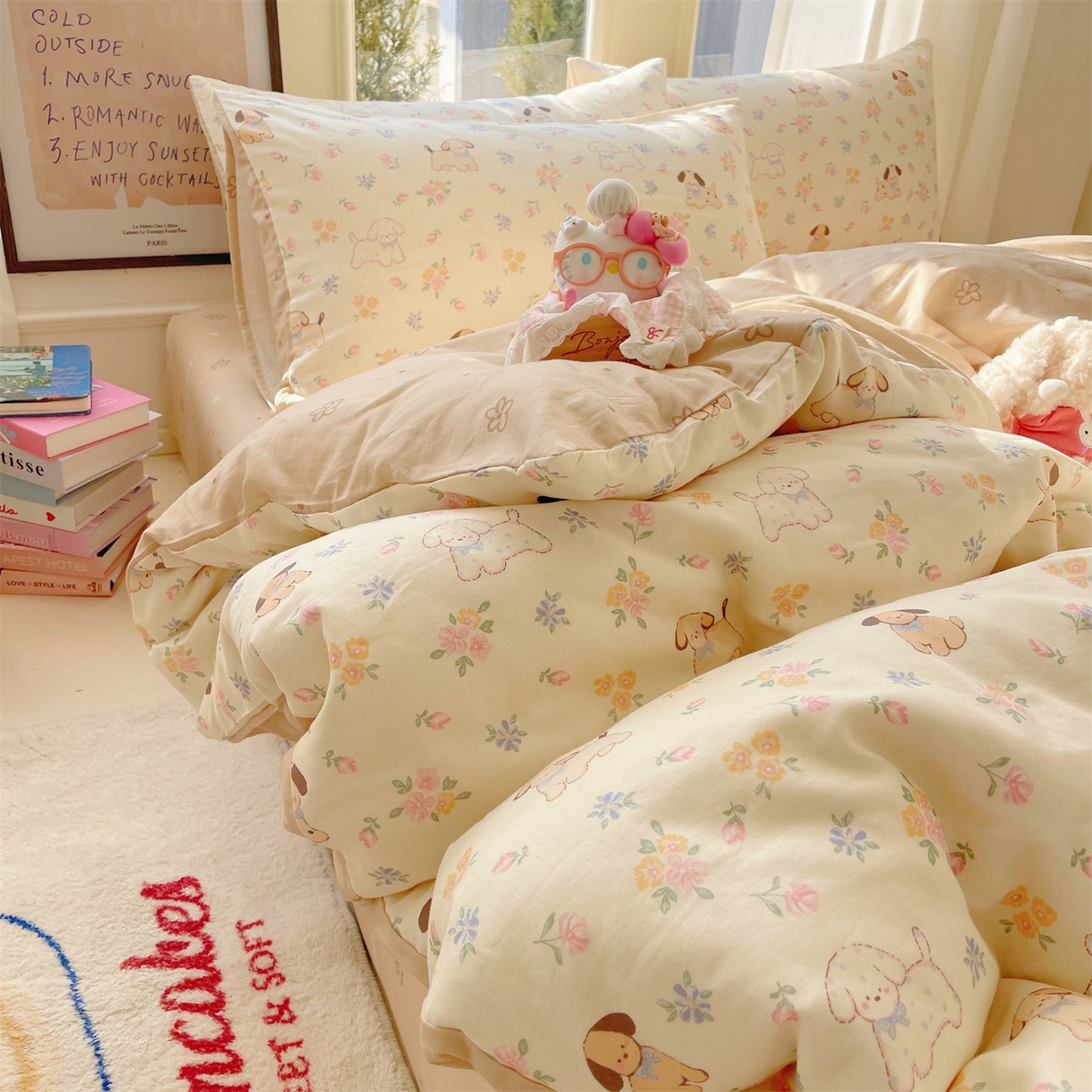 91家纺网 家纺一手货源 找家纺 盛秋家纺 2026新款卡通款A类水洗棉印花四件套 田园萌狗+花朵咖