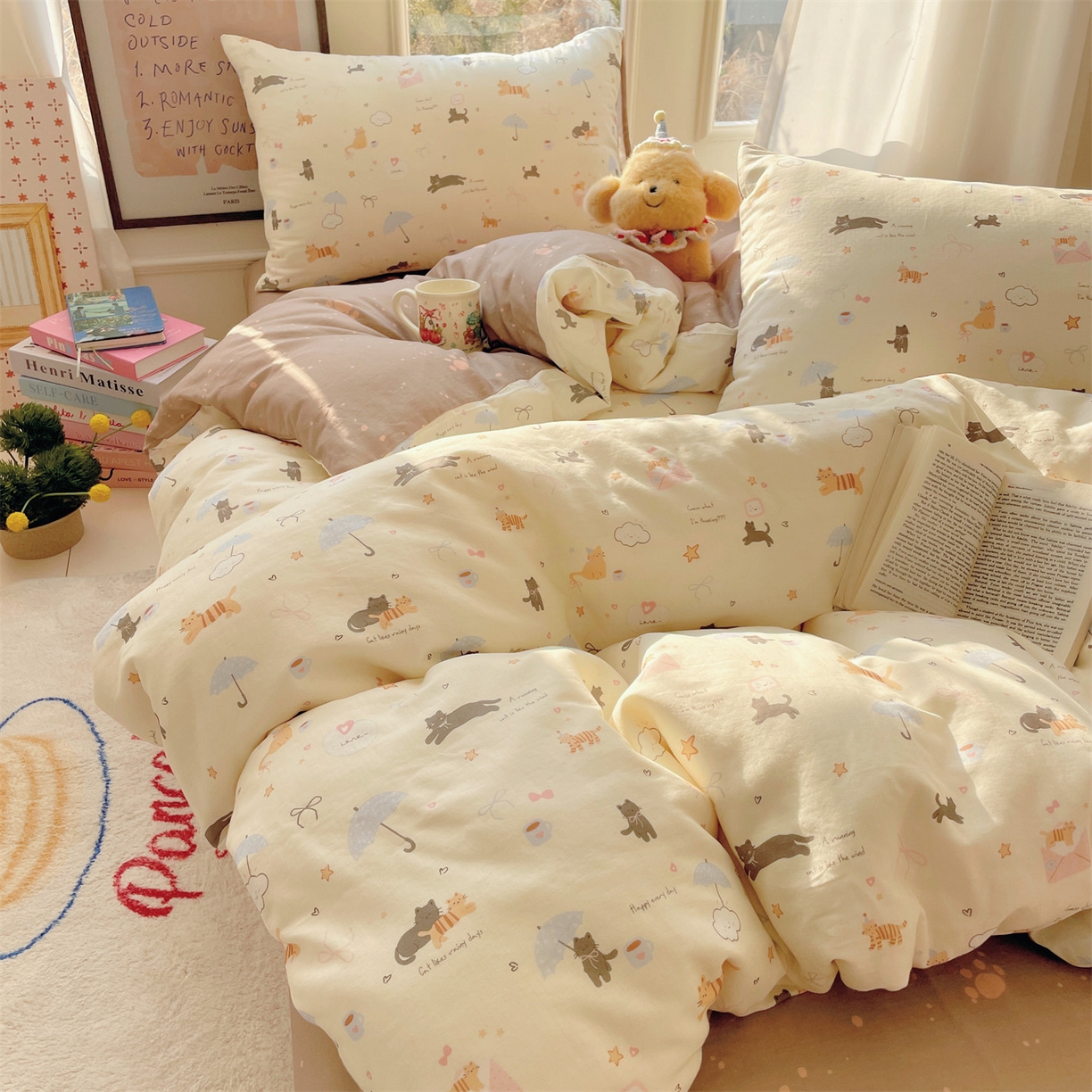 91家纺网 家纺一手货源 找家纺 盛秋家纺 2026新款卡通款A类水洗棉印花四件套 满山猫+猫爪