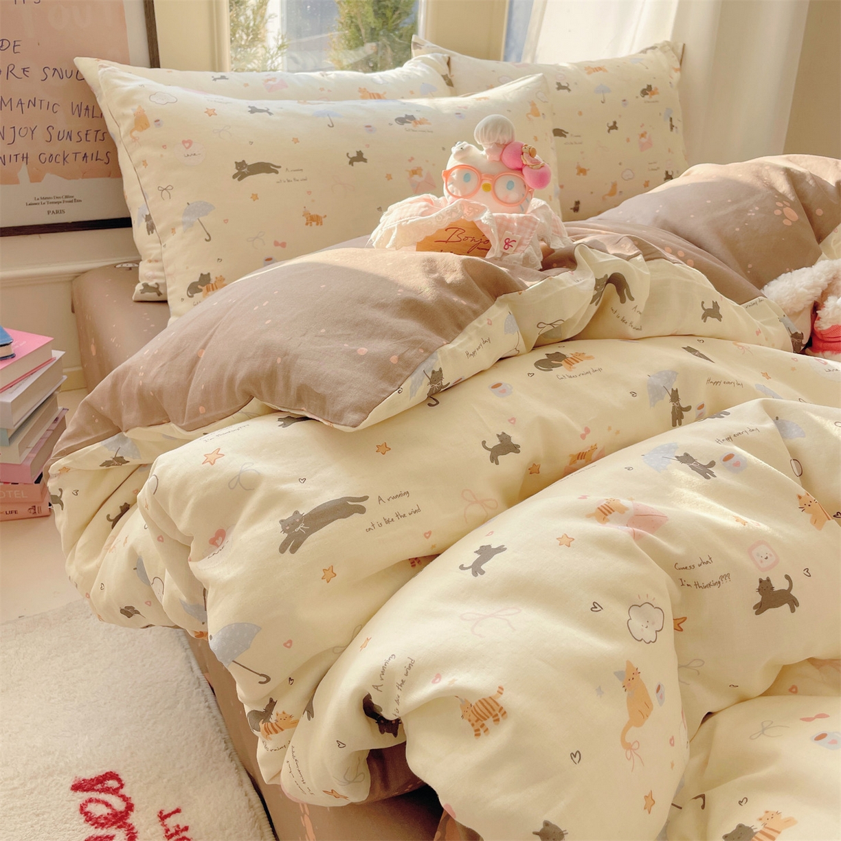 91家纺网 家纺一手货源 找家纺 盛秋家纺 2026新款卡通款A类水洗棉印花四件套 满山猫+猫爪