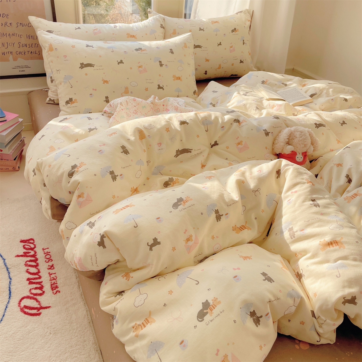 91家纺网 家纺一手货源 找家纺 盛秋家纺 2026新款卡通款A类水洗棉印花四件套 满山猫+猫爪