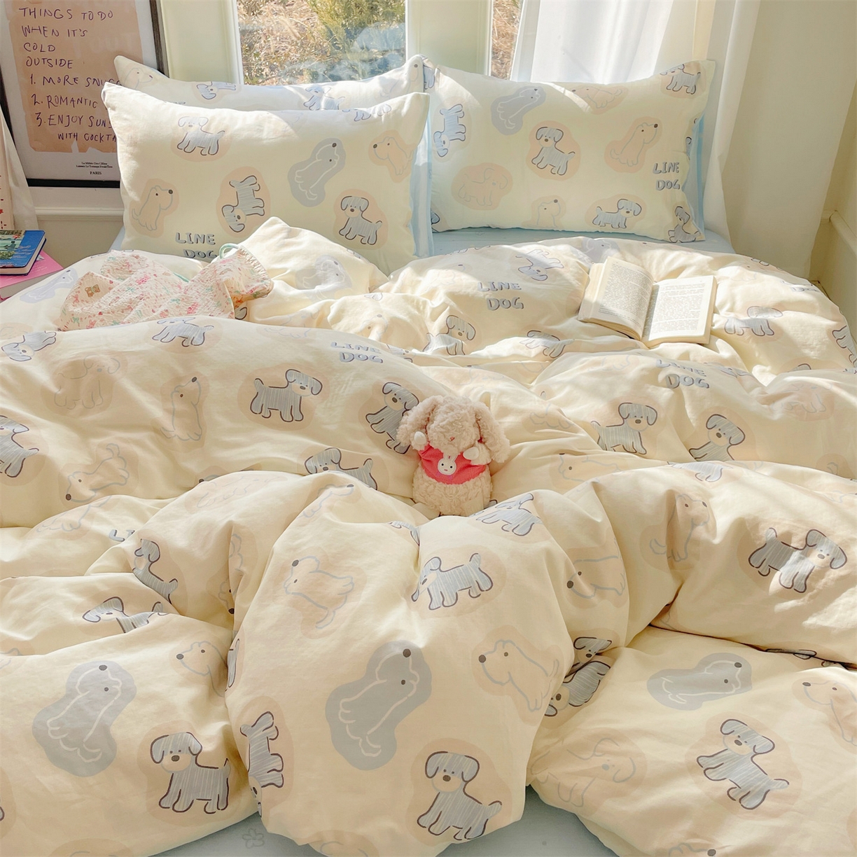 91家纺网 家纺一手货源 找家纺 盛秋家纺 2026新款卡通款A类水洗棉印花四件套 修勾蓝+花朵蓝