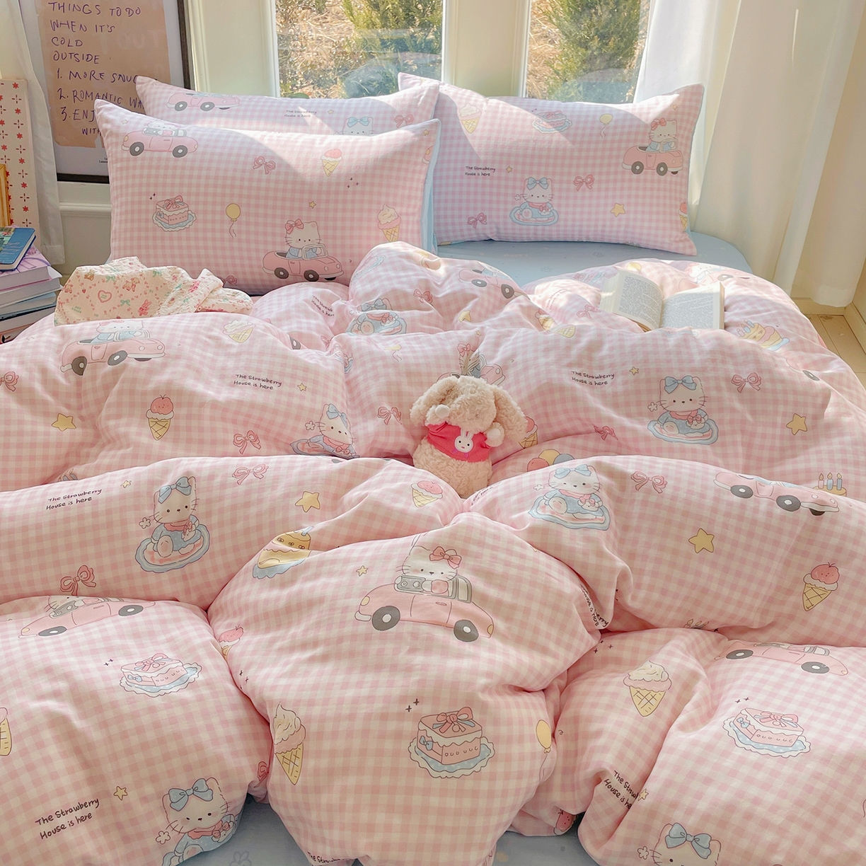 盛秋家纺 2026新款卡通款A类水洗棉印花四件套 格子铺粉+花朵蓝