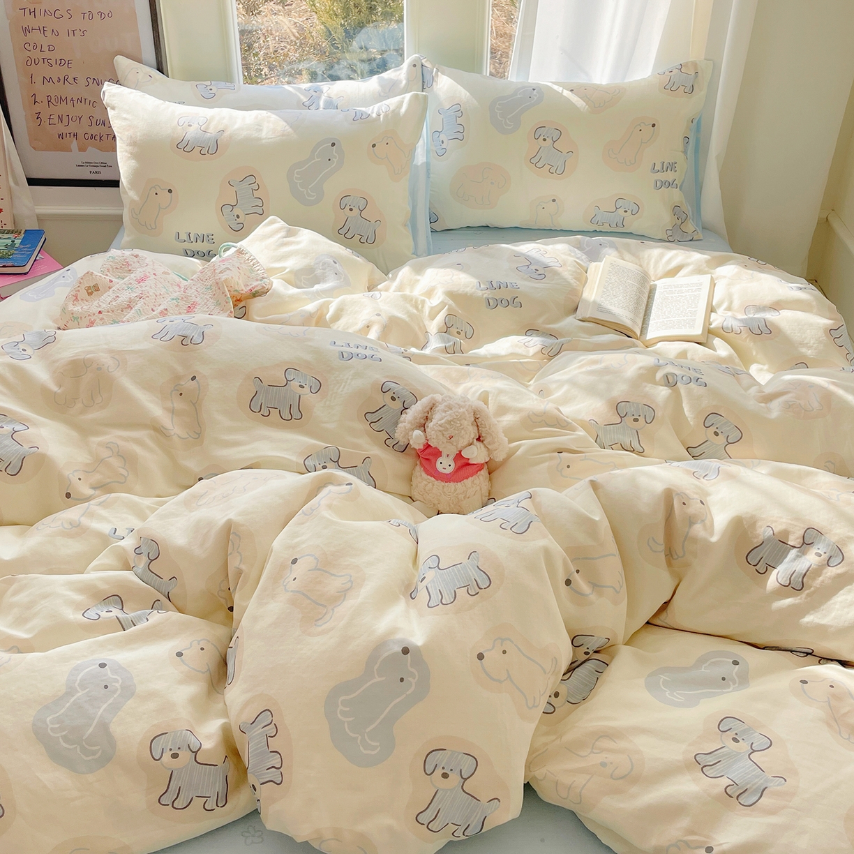 盛秋家纺 2026新款卡通款A类水洗棉印花四件套 修勾蓝+花朵蓝