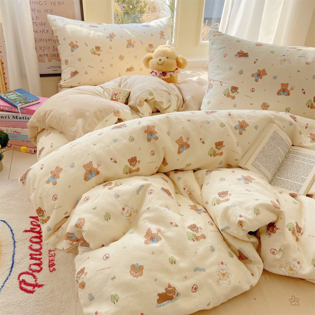 91家纺网 家纺一手货源 找家纺 盛秋家纺 2026新款卡通款A类水洗棉印花单被套被套单件 熊熊乐园+花朵咖