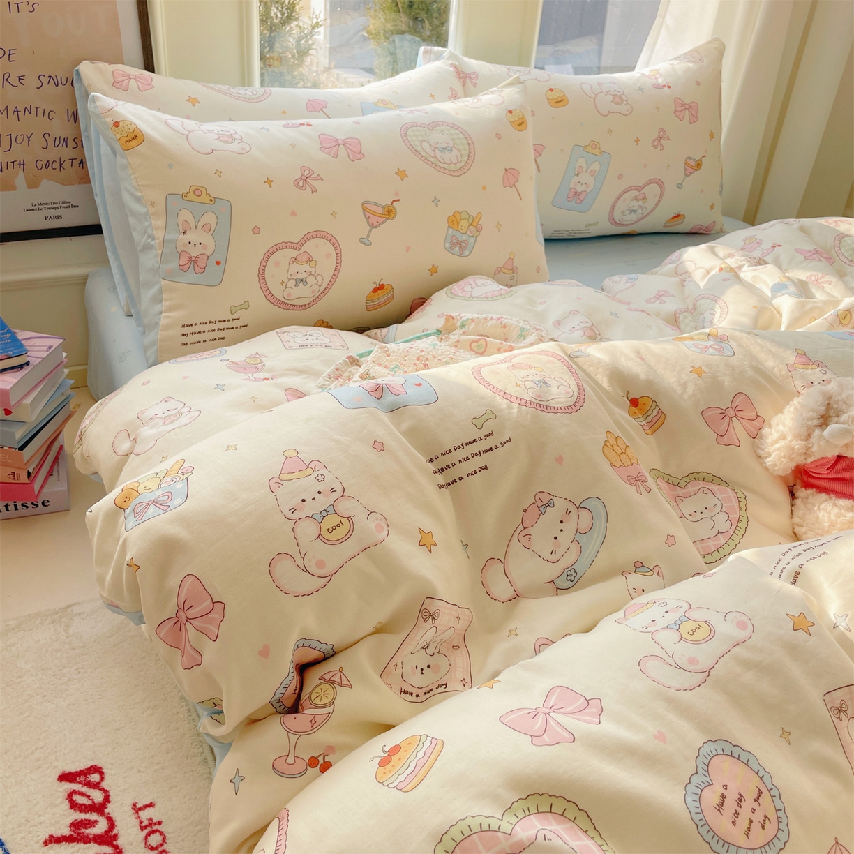 91家纺网 家纺一手货源 找家纺 盛秋家纺 2026新款卡通款A类水洗棉印花单被套被套单件 爱心猫咪+花朵蓝