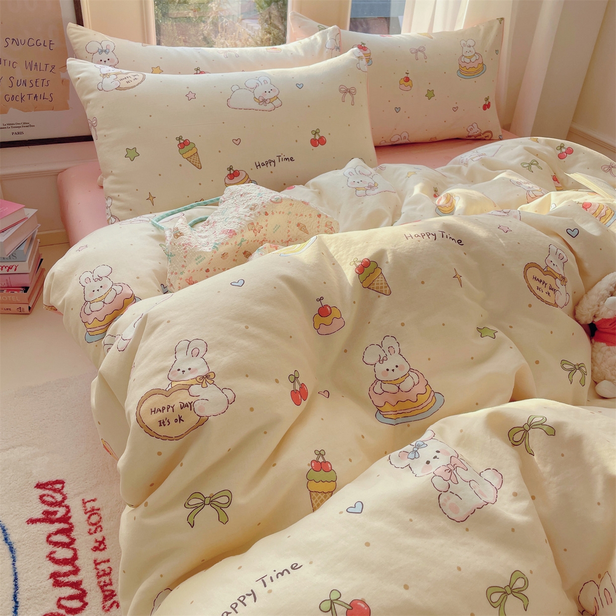 91家纺网 家纺一手货源 找家纺 盛秋家纺 2026新款卡通款A类水洗棉印花单被套被套单件 生日派对+花朵粉