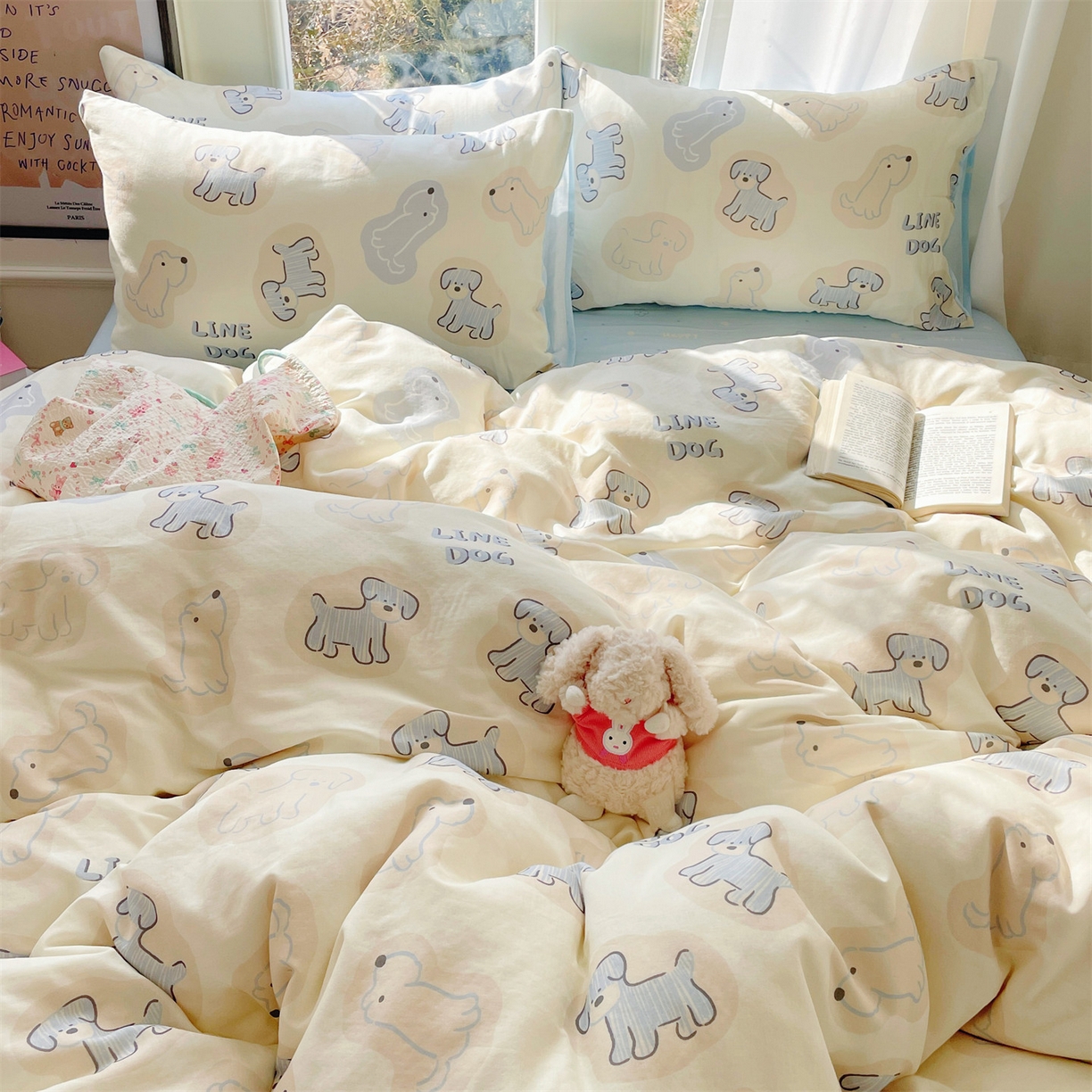 91家纺网 家纺一手货源 找家纺 盛秋家纺 2026新款卡通款A类水洗棉印花单被套被套单件 修勾蓝+花朵蓝