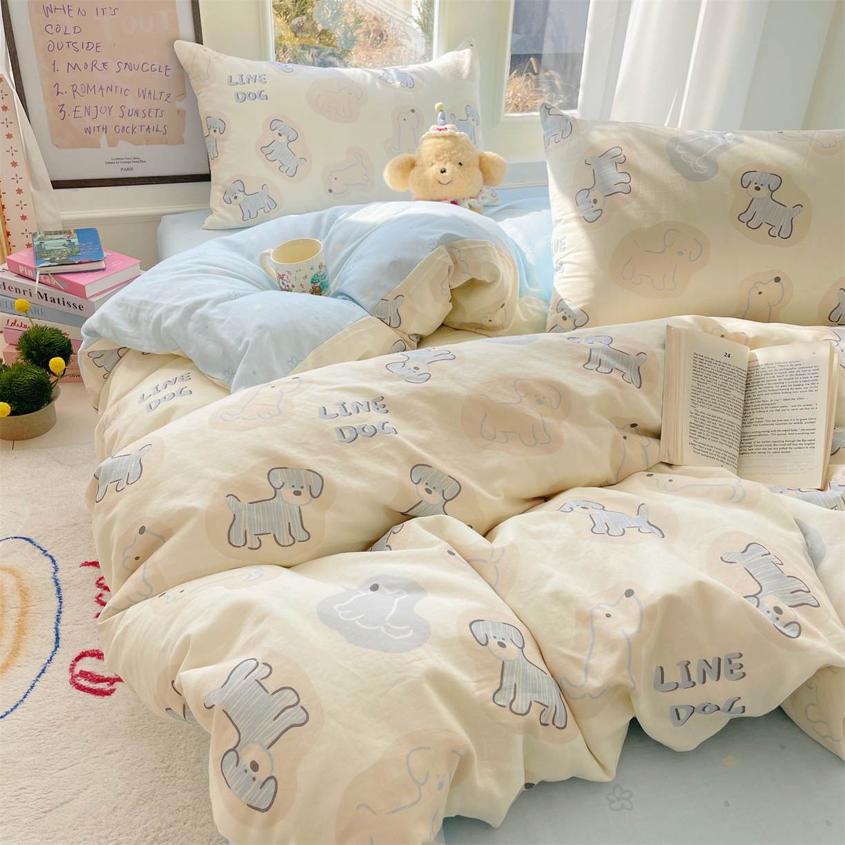 盛秋家纺 2026新款卡通款A类水洗棉印花单被套被套单件 修勾蓝+花朵蓝