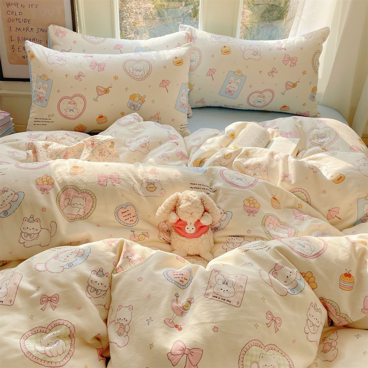 91家纺网 家纺一手货源 找家纺 盛秋家纺 2026新款卡通款A类水洗棉印花单被套被套单件 爱心猫咪+花朵蓝