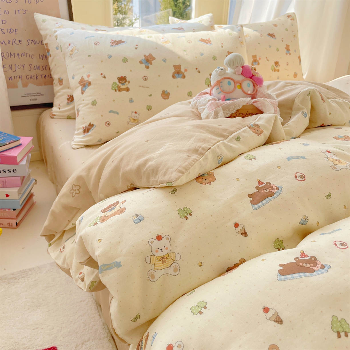 91家纺网 家纺一手货源 找家纺 盛秋家纺 2026新款卡通款A类水洗棉印花单被套被套单件 熊熊乐园+花朵咖