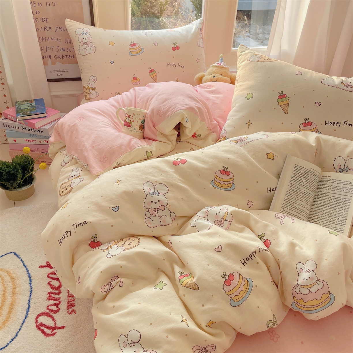 盛秋家纺 2026新款卡通款A类水洗棉印花单被套被套单件 生日派对+花朵粉