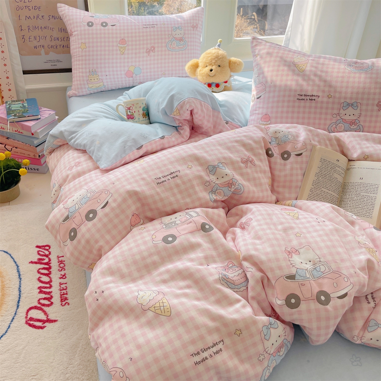 盛秋家纺 2026新款卡通款A类水洗棉印花单被套被套单件 格子铺粉+花朵蓝