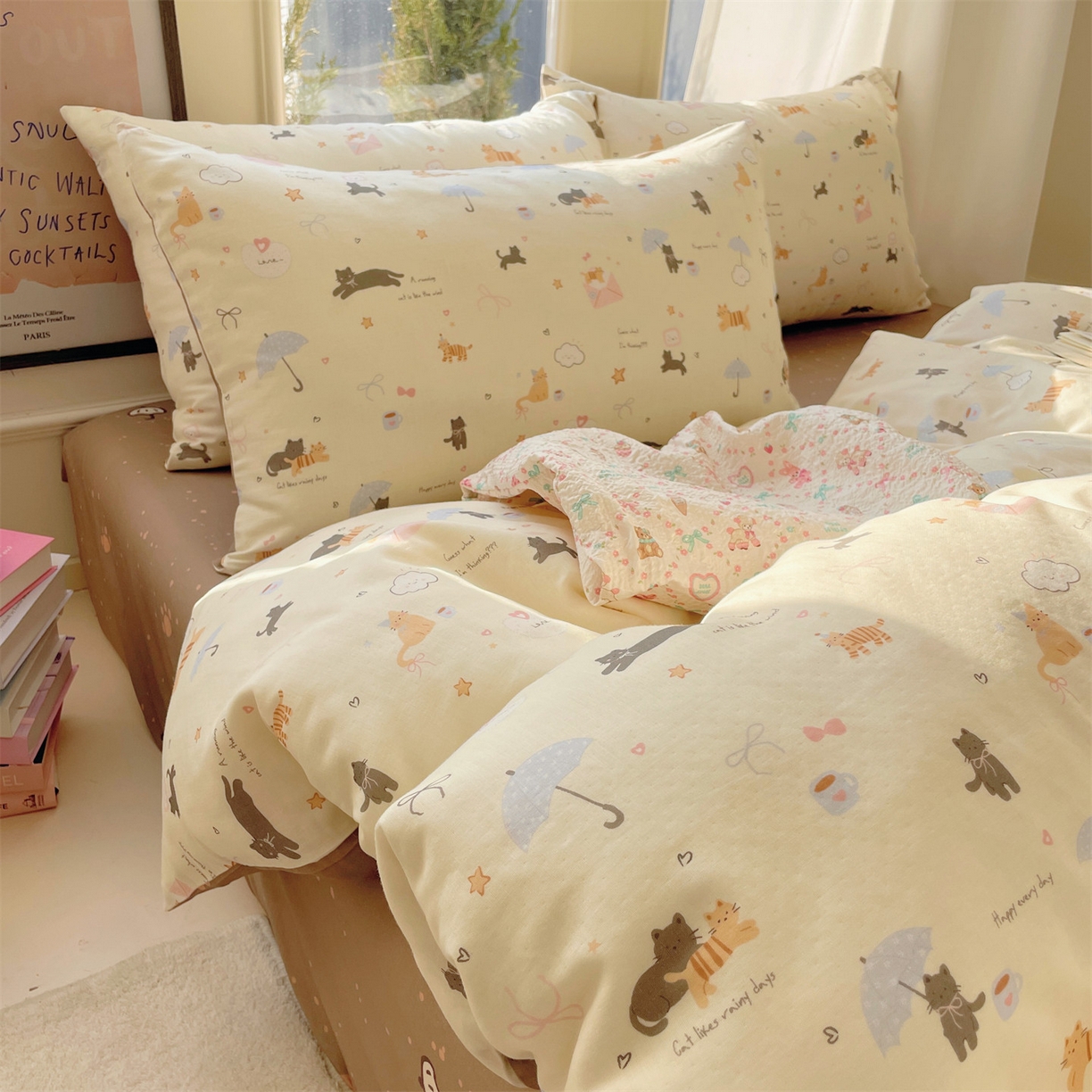 91家纺网 家纺一手货源 找家纺 盛秋家纺 2026新款卡通款A类水洗棉印花单被套被套单件 满山猫+猫爪