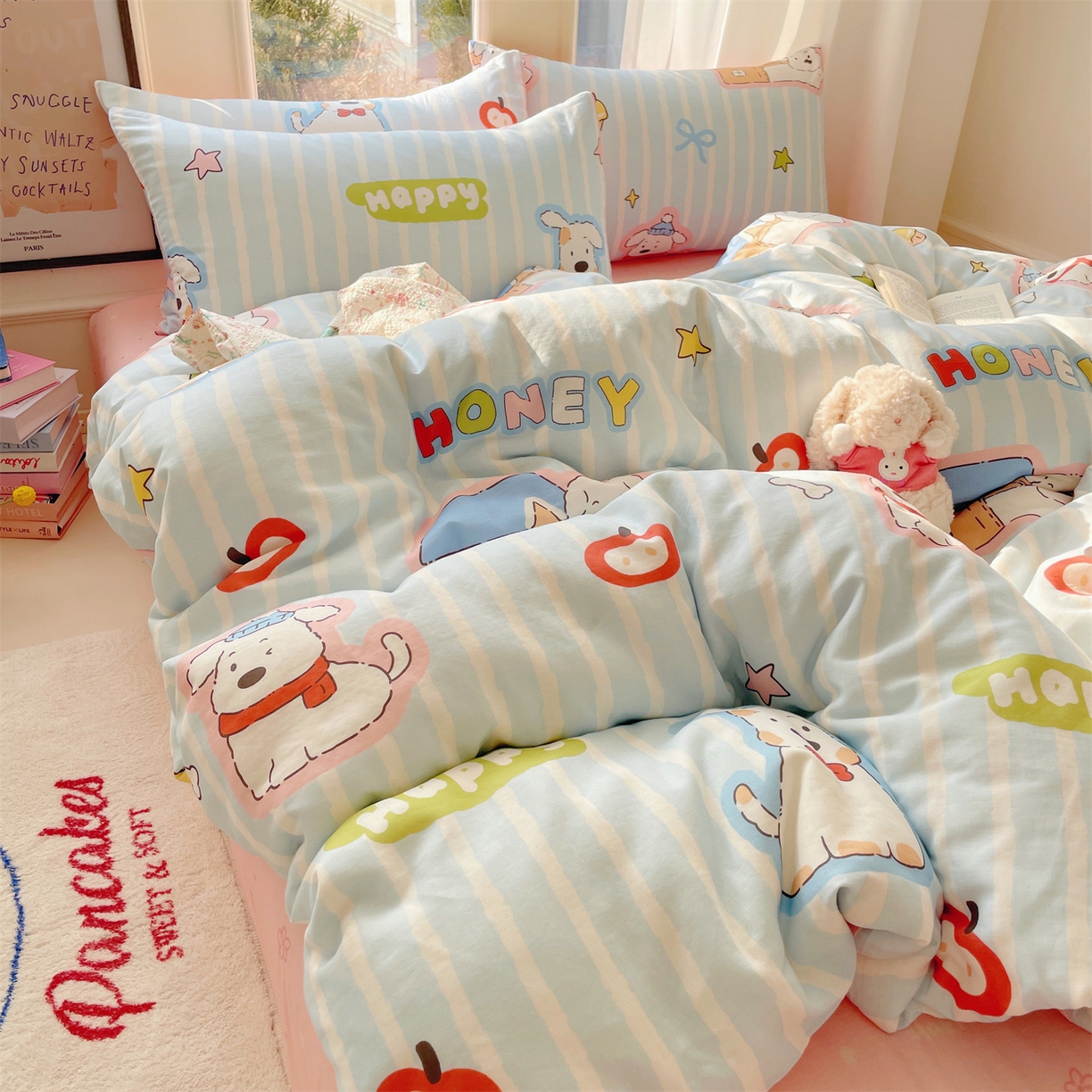 盛秋家纺 2026新款卡通款A类水洗棉印花单被套被套单件 软萌汪汪蓝+花朵粉