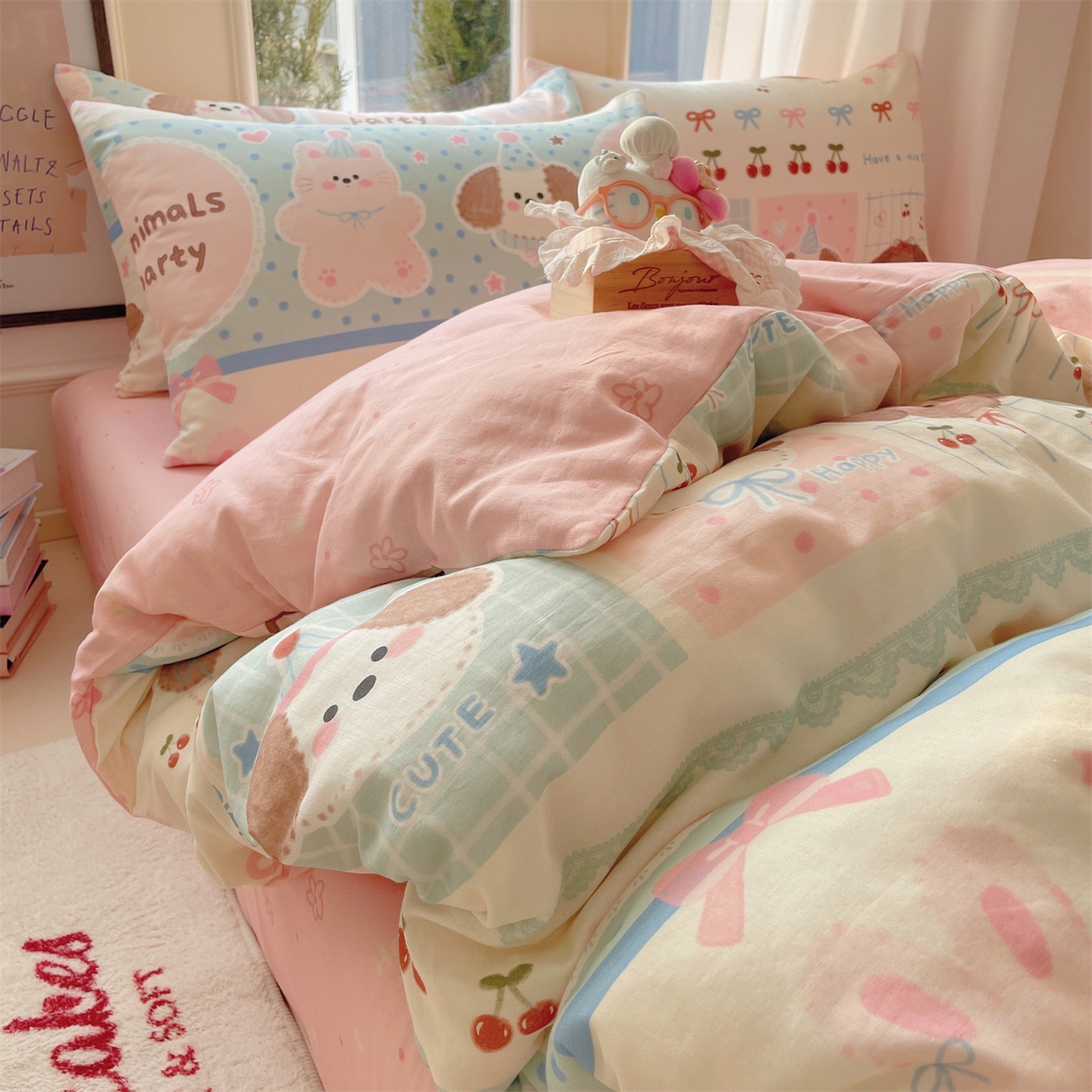 91家纺网 家纺一手货源 找家纺 盛秋家纺 2026新款卡通款A类水洗棉印花单被套被套单件 小狗来信+花朵粉