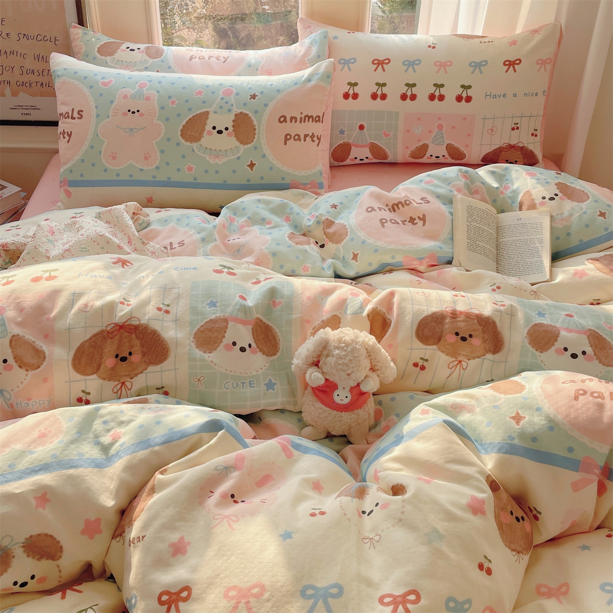 91家纺网 家纺一手货源 找家纺 盛秋家纺 2026新款卡通款A类水洗棉印花单被套被套单件 小狗来信+花朵粉