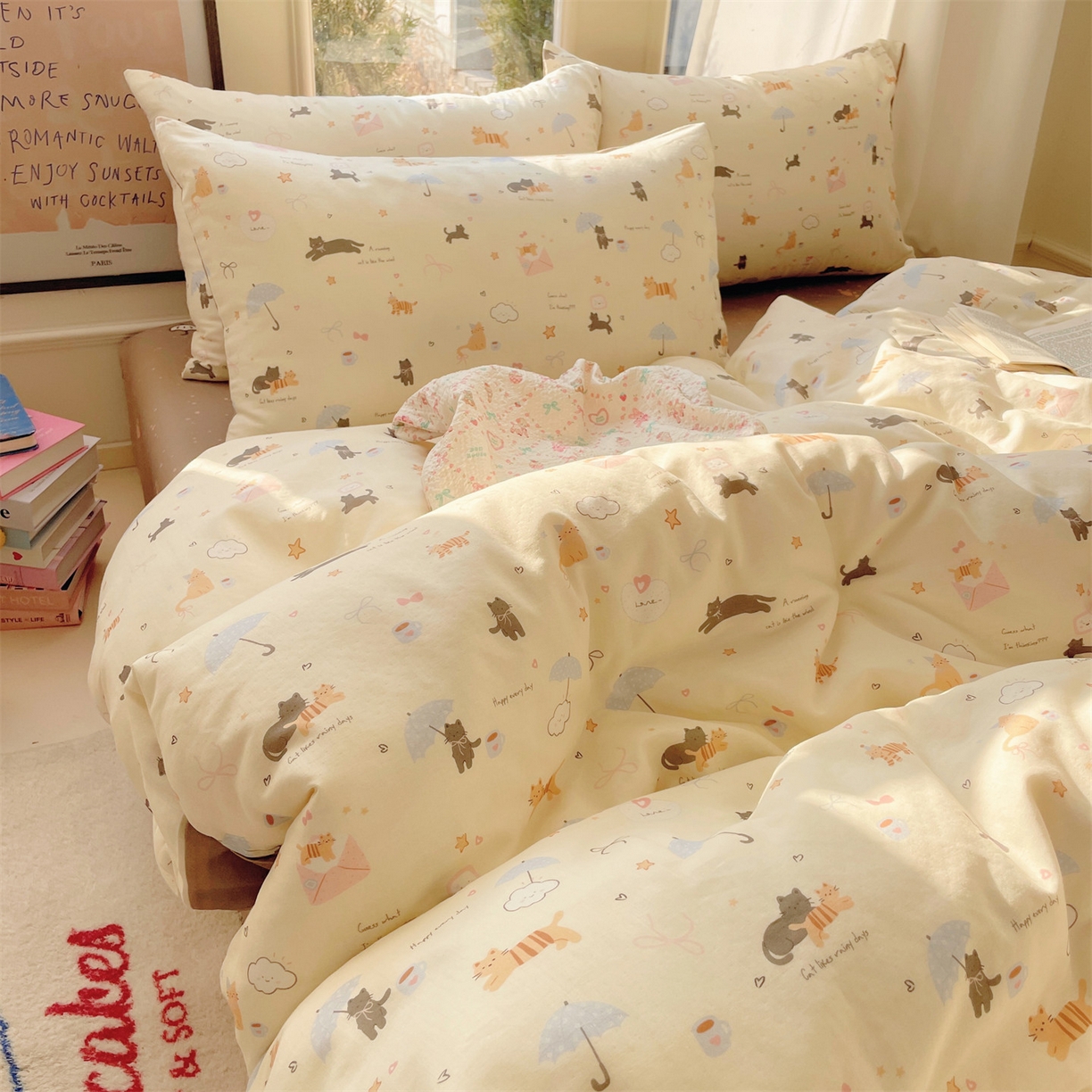 91家纺网 家纺一手货源 找家纺 盛秋家纺 2026新款卡通款A类水洗棉印花单被套被套单件 满山猫+猫爪