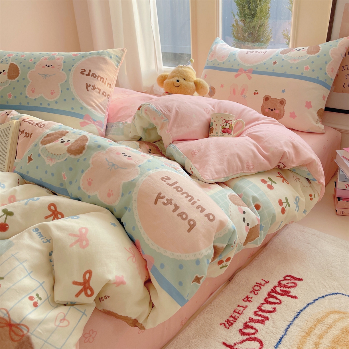 91家纺网 家纺一手货源 找家纺 盛秋家纺 2026新款卡通款A类水洗棉印花单被套被套单件 小狗来信+花朵粉