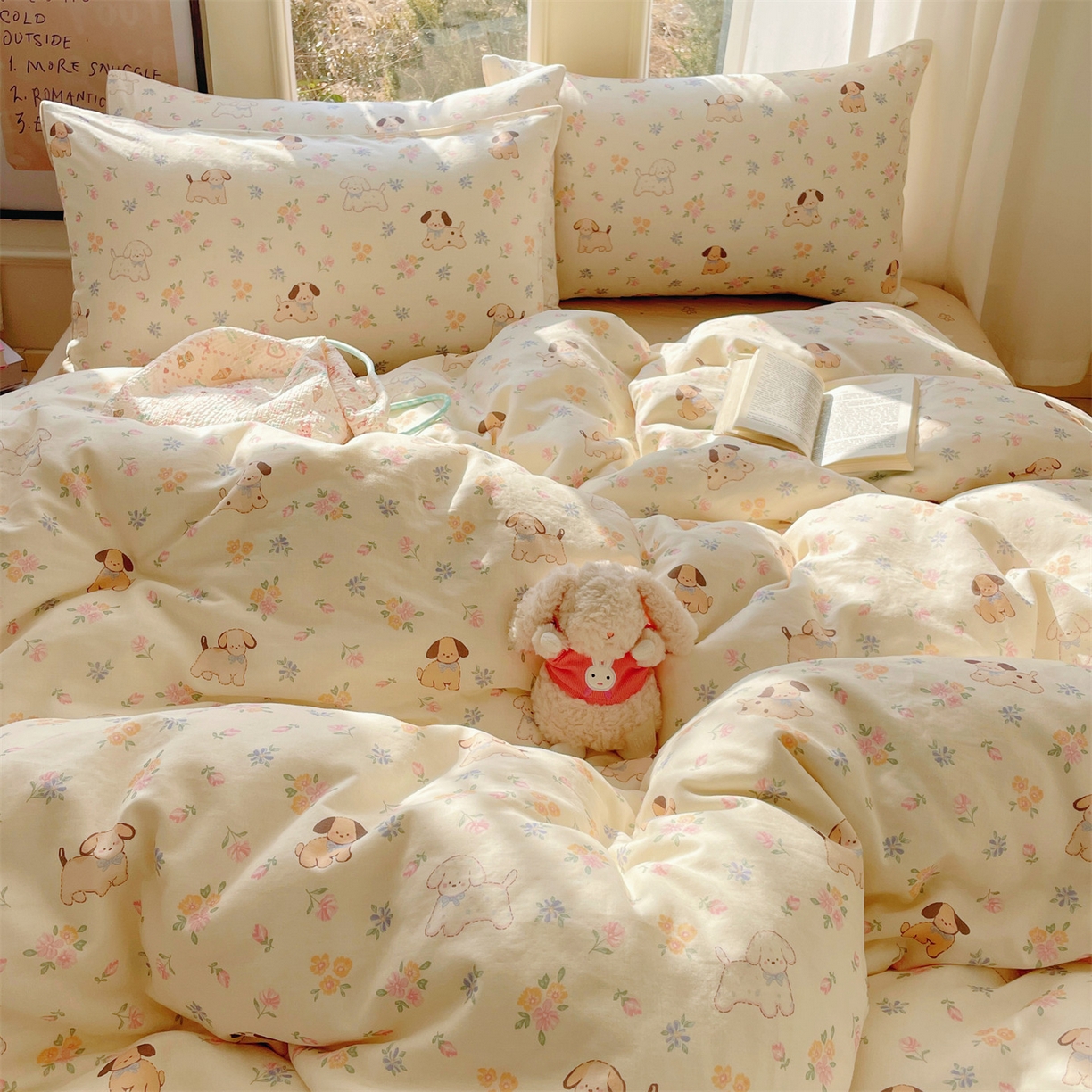 91家纺网 家纺一手货源 找家纺 盛秋家纺 2026新款卡通款A类水洗棉印花单被套被套单件 田园萌狗+花朵咖