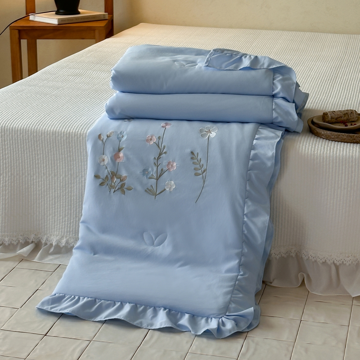 一加一 2026新款亲肤凉感花边绣花大豆夏被夏凉被空调被四件套-花间序 花间序-蓝
