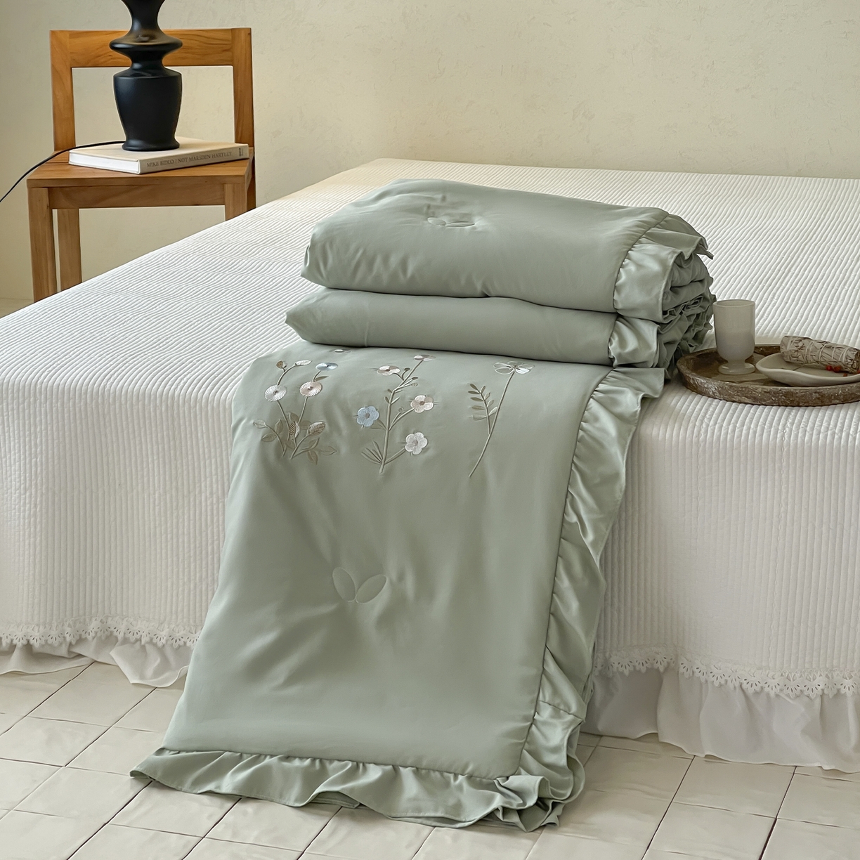 一加一 2026新款亲肤凉感花边绣花大豆夏被夏凉被空调被四件套-花间序 花间序-绿