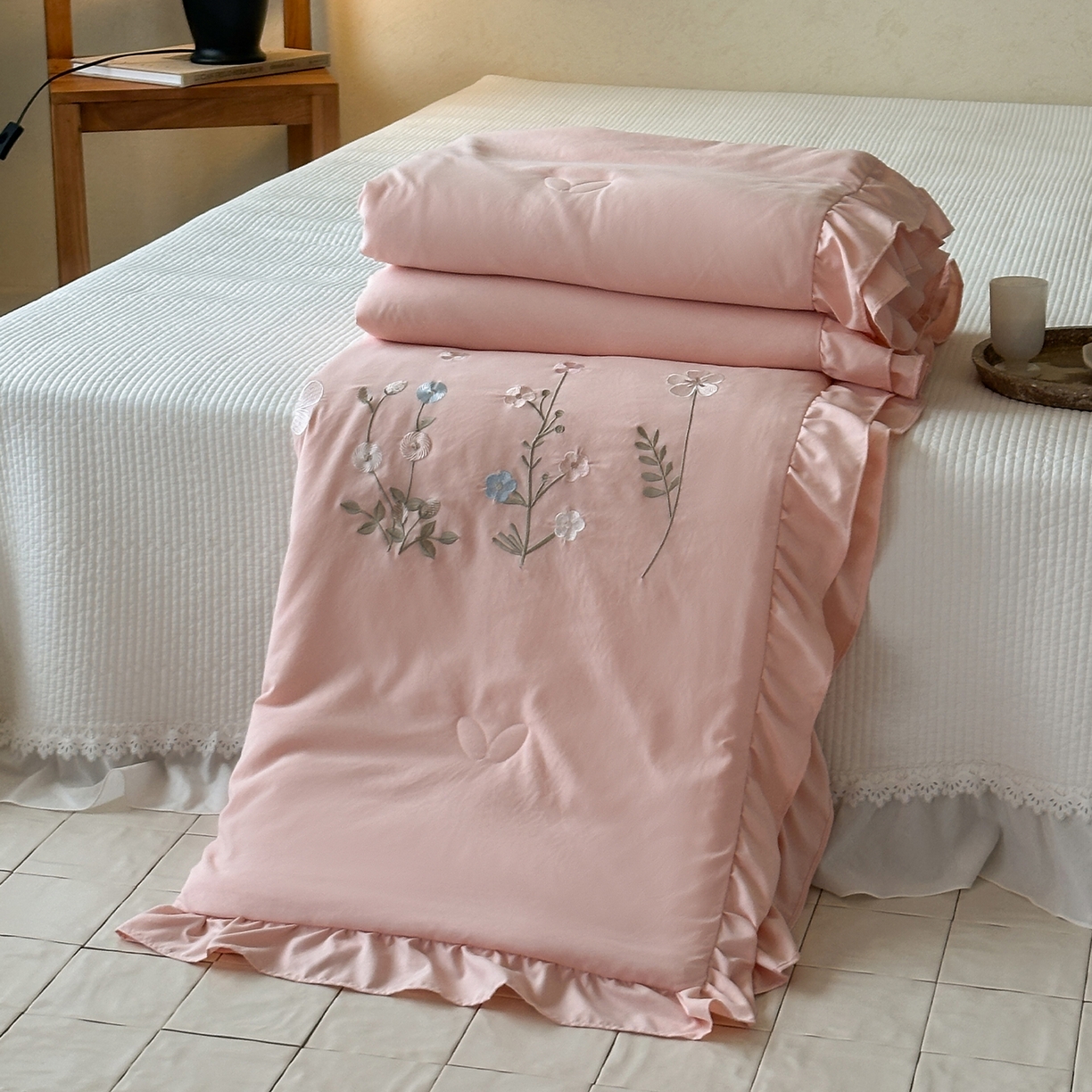 一加一 2026新款亲肤凉感花边绣花大豆夏被夏凉被空调被四件套-花间序 花间序-粉
