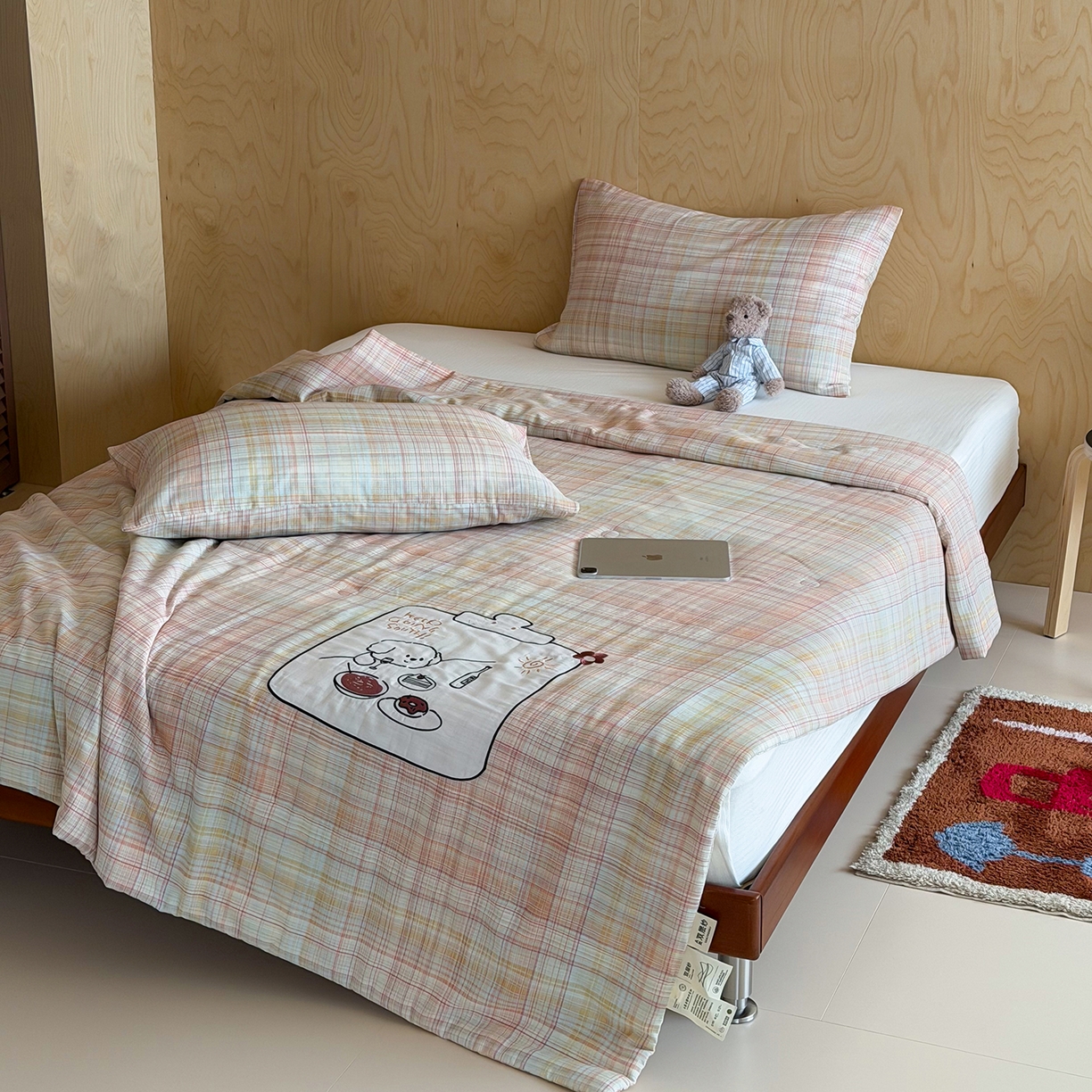 91家纺网 家纺一手货源 找家纺 一加一 2026新款全棉纯棉双层纱贴布绣大豆夏被夏凉被空调被-格格乐园 粉彩早餐熊