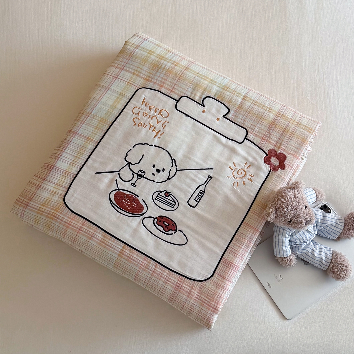 91家纺网 家纺一手货源 找家纺 一加一 2026新款全棉纯棉双层纱贴布绣大豆夏被夏凉被空调被-格格乐园 粉彩早餐熊