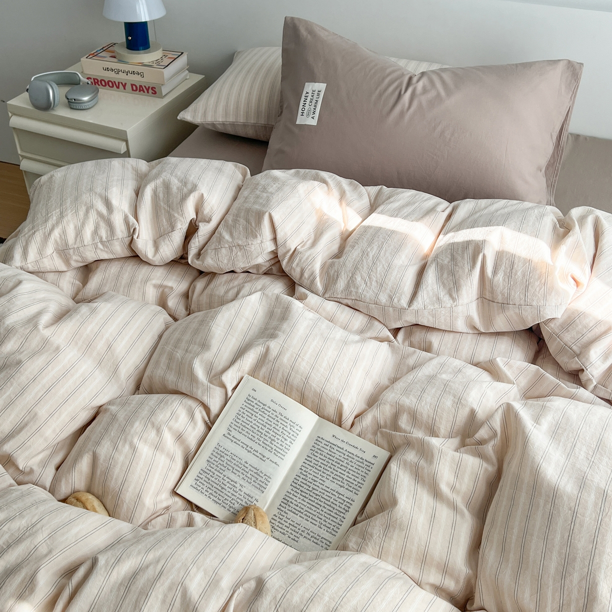 91家纺网 家纺一手货源 找家纺 早晨家纺 2026新款INS博主风A类全棉纯棉色织水洗棉格子四件套 印章-条纹