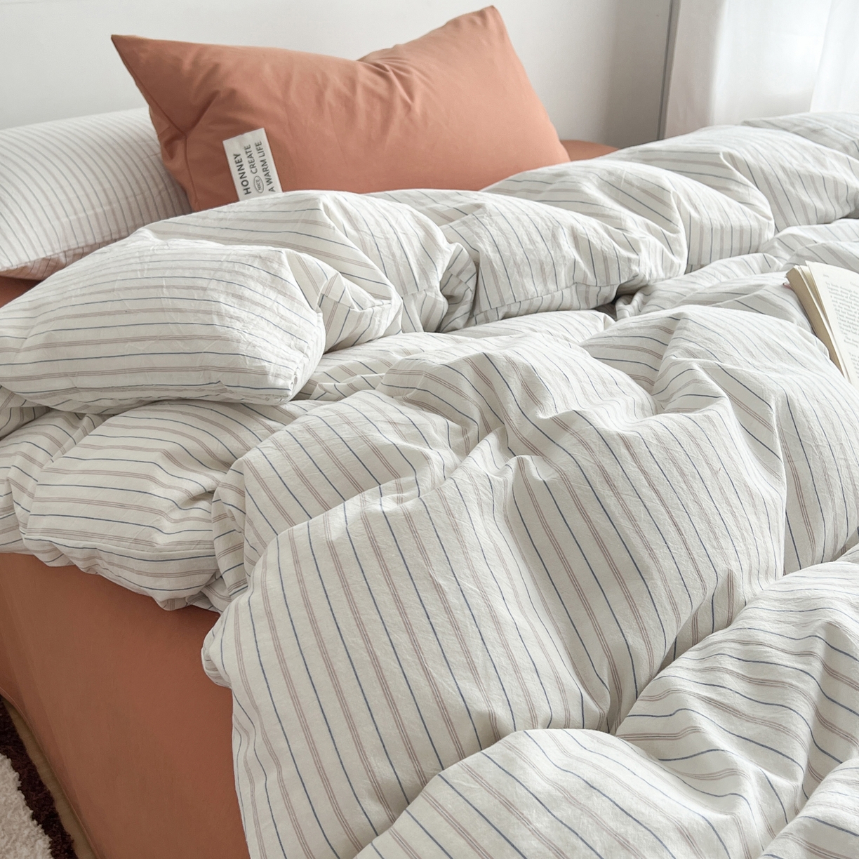 91家纺网 家纺一手货源 找家纺 早晨家纺 2026新款INS博主风A类全棉纯棉色织水洗棉格子四件套 心悦-白蓝条纹