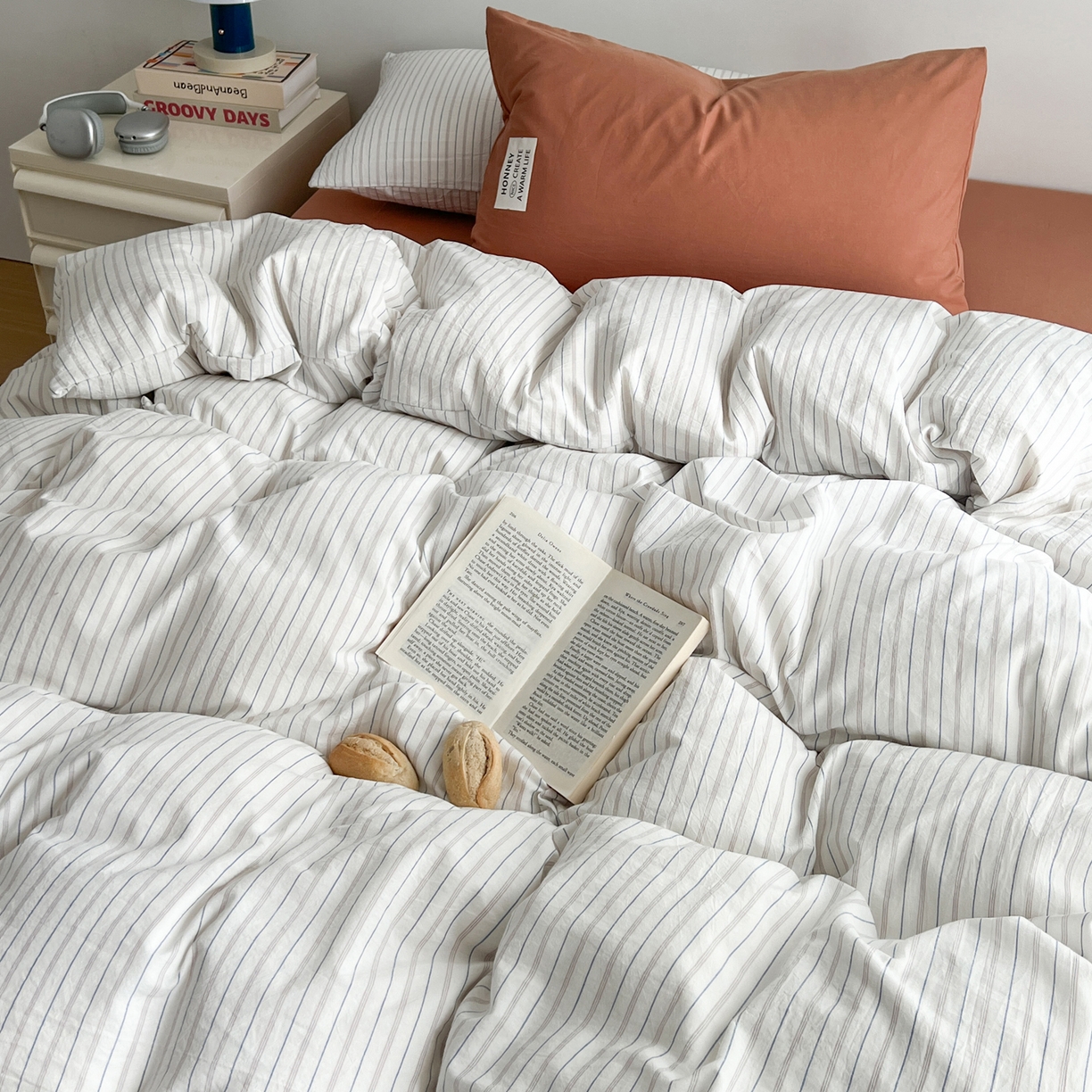 91家纺网 家纺一手货源 找家纺 早晨家纺 2026新款INS博主风A类全棉纯棉色织水洗棉格子四件套 心悦-白蓝条纹