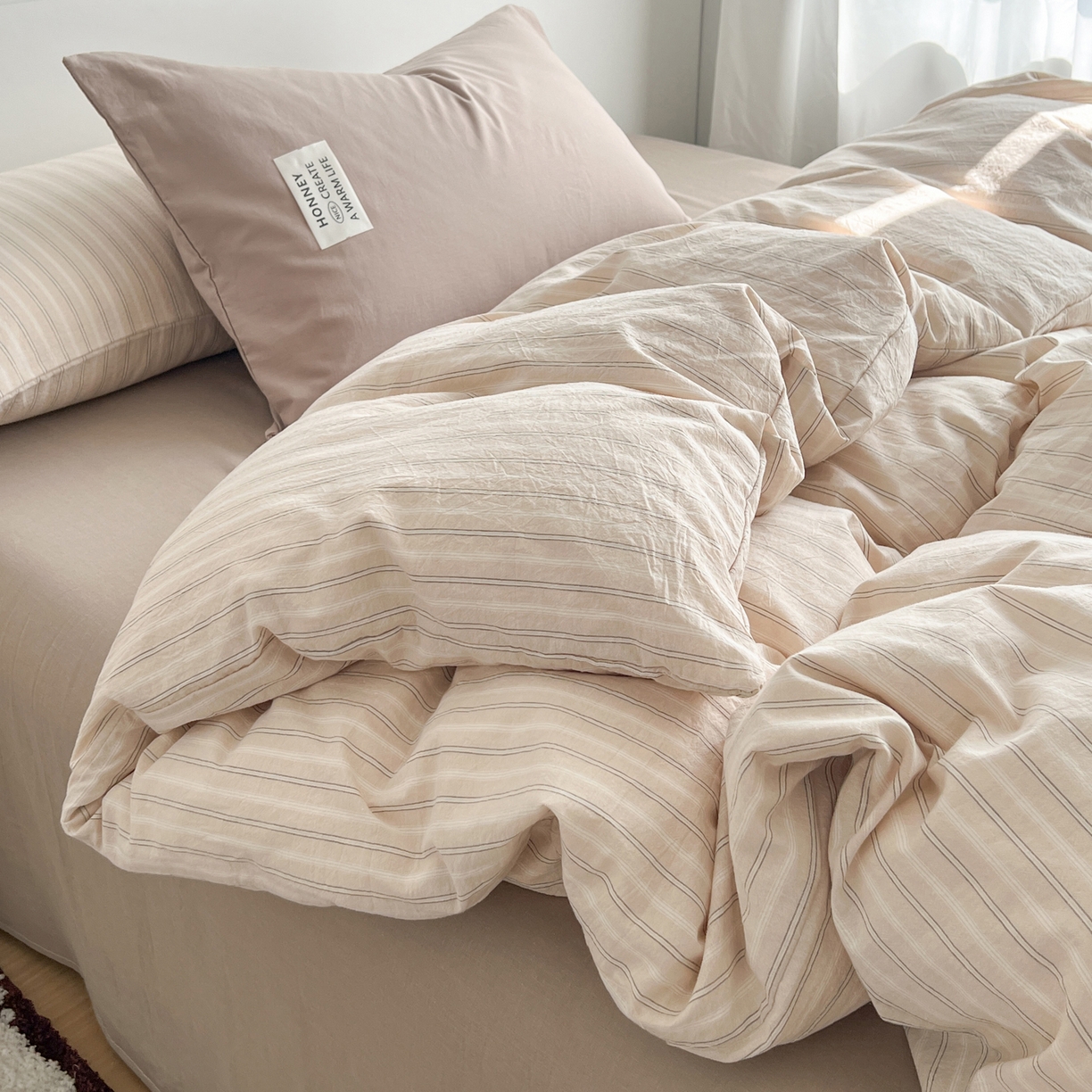 91家纺网 家纺一手货源 找家纺 早晨家纺 2026新款INS博主风A类全棉纯棉色织水洗棉格子四件套 印章-条纹