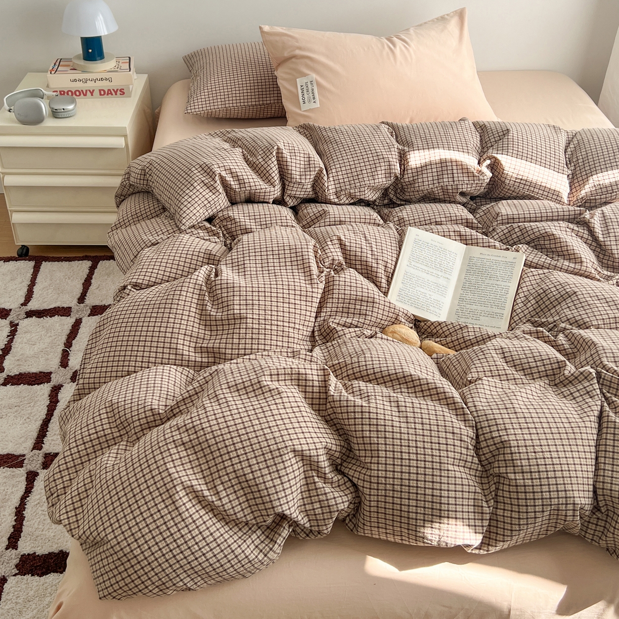 91家纺网 家纺一手货源 找家纺 早晨家纺 2026新款INS博主风A类全棉纯棉色织水洗棉格子四件套 向往-咖格