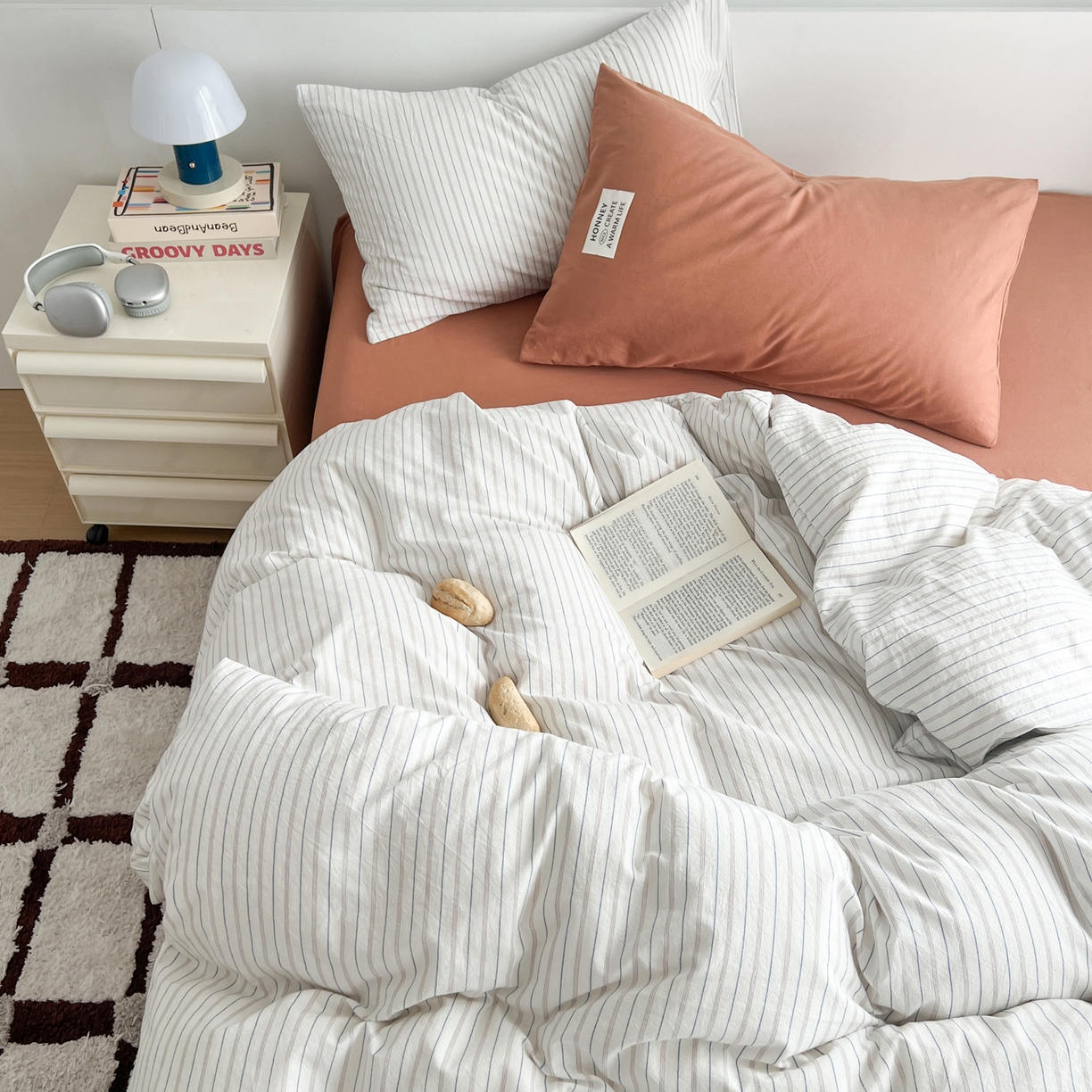 91家纺网 家纺一手货源 找家纺 早晨家纺 2026新款INS博主风A类全棉纯棉色织水洗棉格子四件套 心悦-白蓝条纹