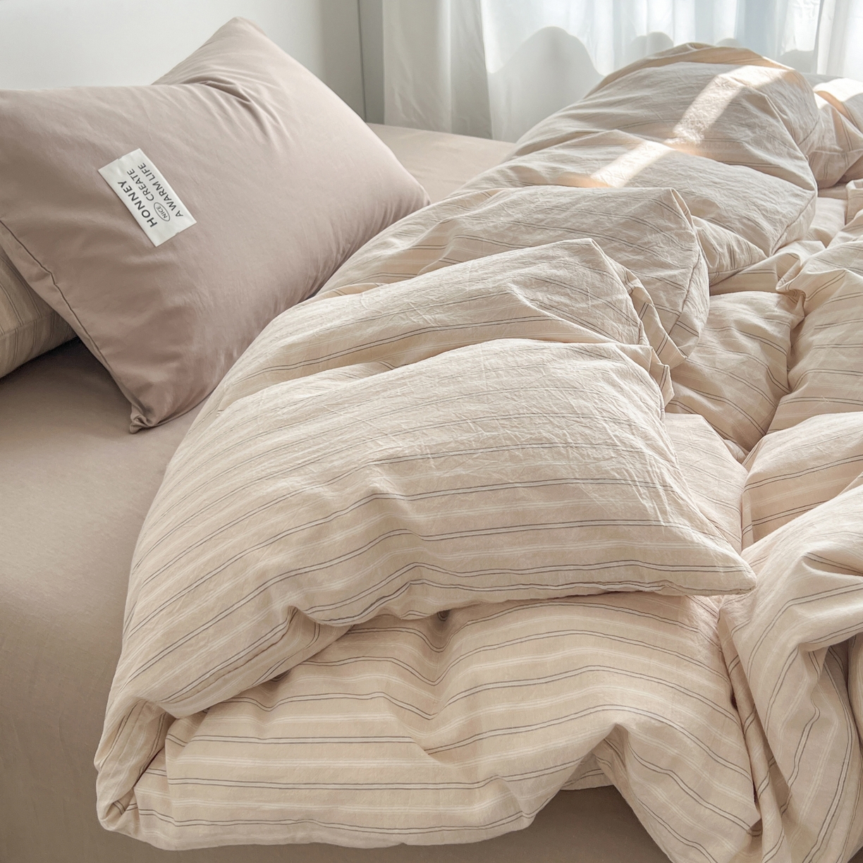 91家纺网 家纺一手货源 找家纺 早晨家纺 2026新款INS博主风A类全棉纯棉色织水洗棉格子四件套 印章-条纹