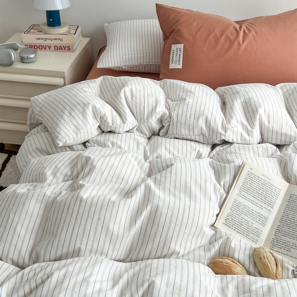 91家纺网 家纺一手货源 找家纺 早晨家纺 2026新款INS博主风A类全棉纯棉色织水洗棉格子四件套 心悦-白蓝条纹