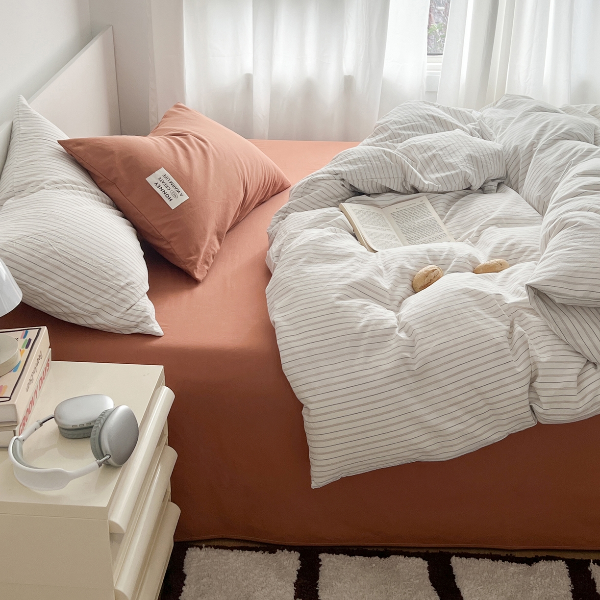 91家纺网 家纺一手货源 找家纺 早晨家纺 2026新款INS博主风A类全棉纯棉色织水洗棉格子四件套 心悦-白蓝条纹