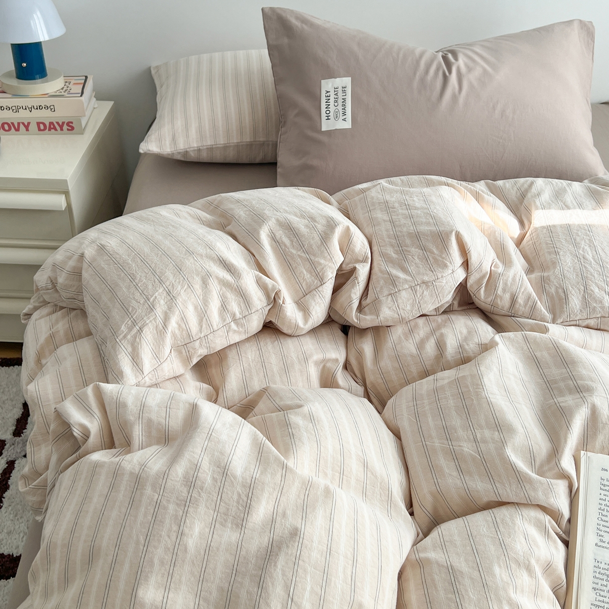 91家纺网 家纺一手货源 找家纺 早晨家纺 2026新款INS博主风A类全棉纯棉色织水洗棉格子四件套 印章-条纹